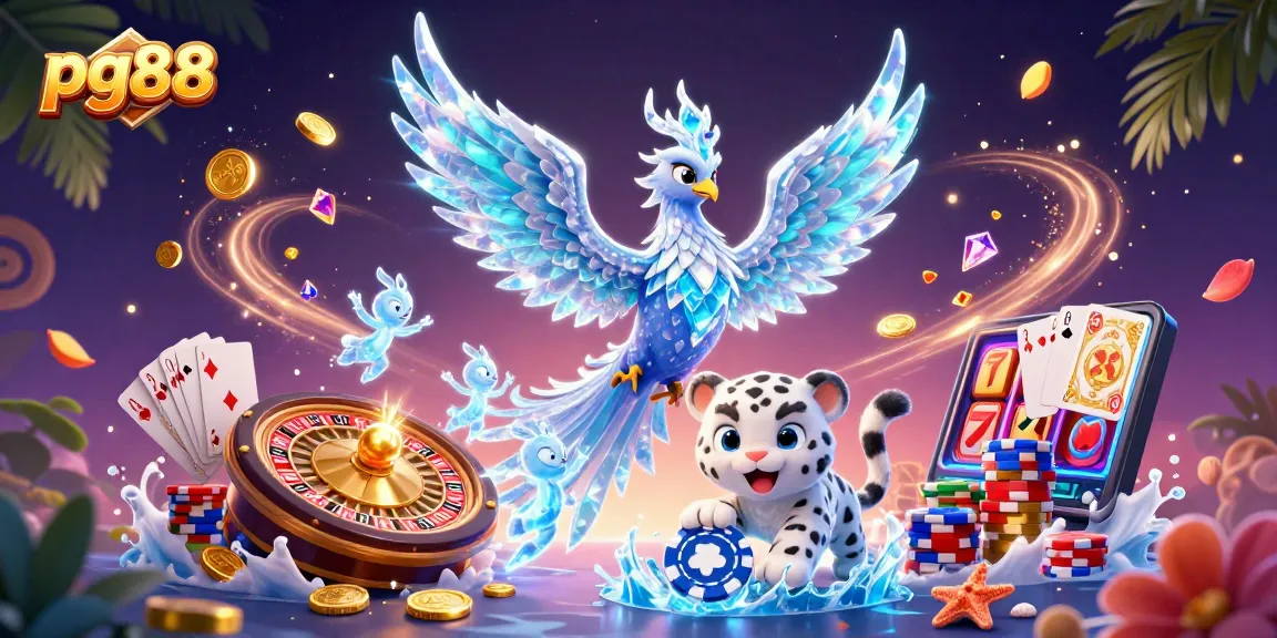 Win big with pg88's dazzling ice phoenix and poker chip amidst a vibrant casino scene.