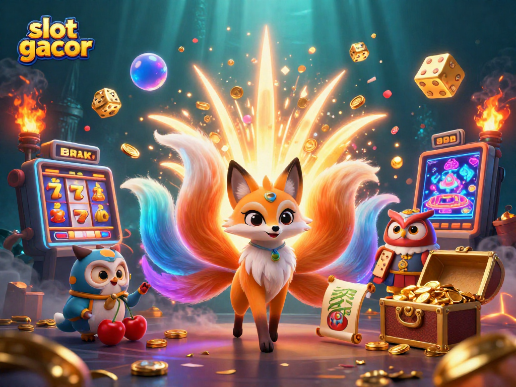 Experience the thrill of slot gacor with a beautiful, colorful scene featuring cartoon spirits and a slot machine.