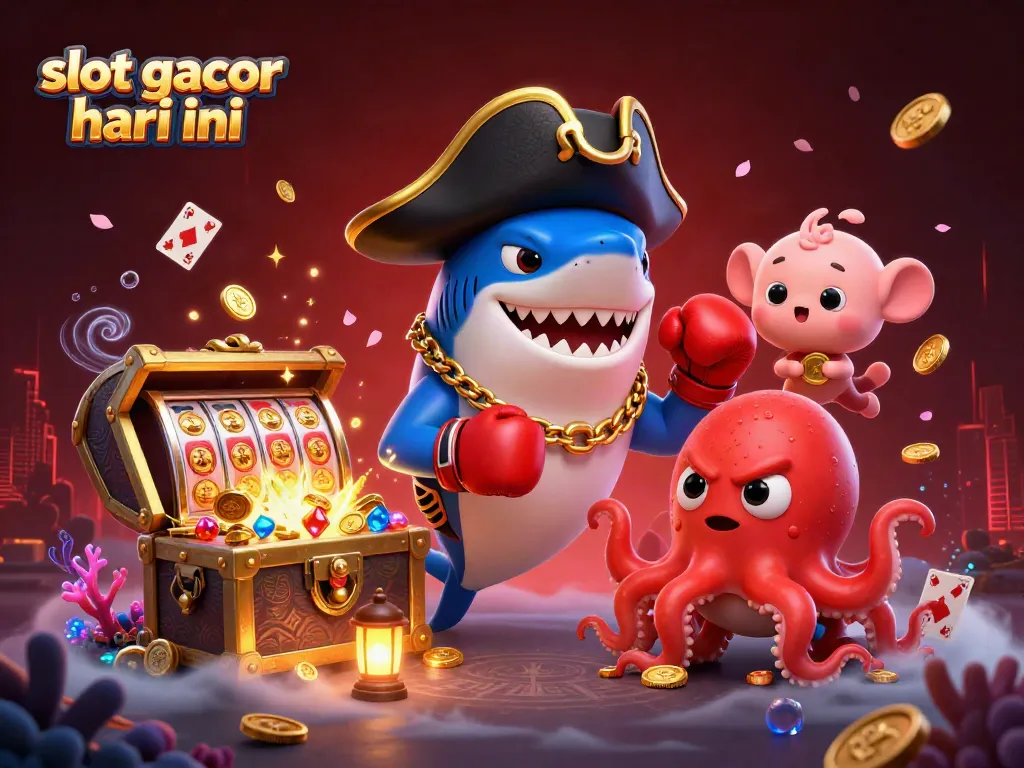 Ilustrasi 3D slot gacor hari ini dengan hiu kapten, ikan puff marah, dan bayi gurita membawa koin emas.