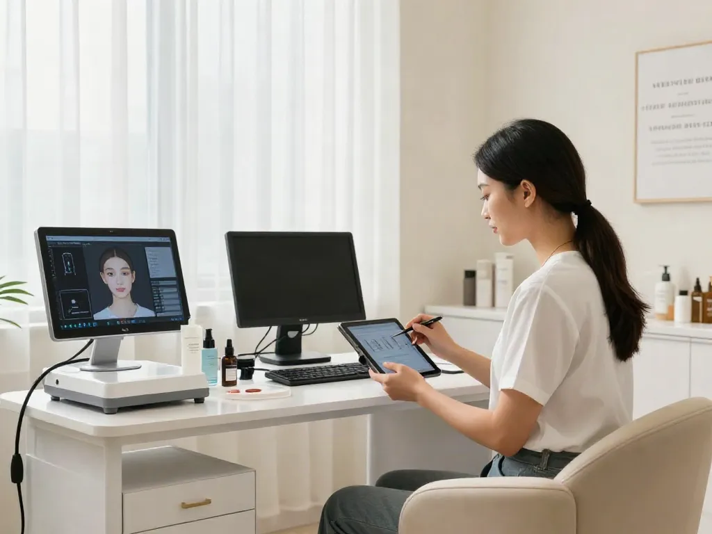 Alternatives to QOVES analysis in a beauty consultation scene, showcasing professional aesthetics specialists and modern tech.