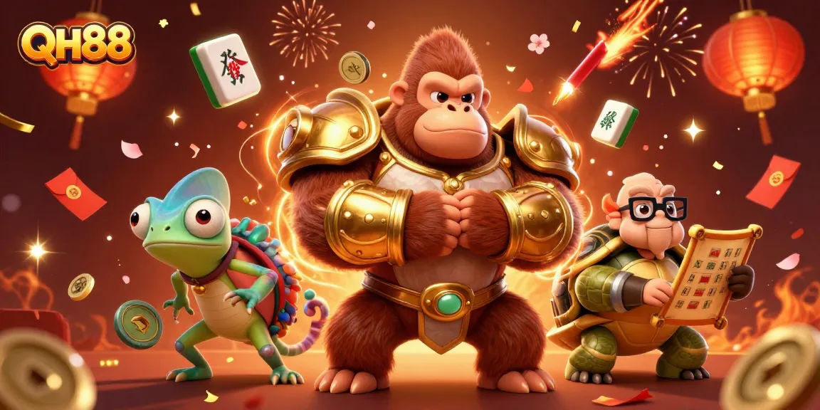 Experience the excitement of QH88 with vibrant characters and dynamic 3D gambling elements in a festive scene.