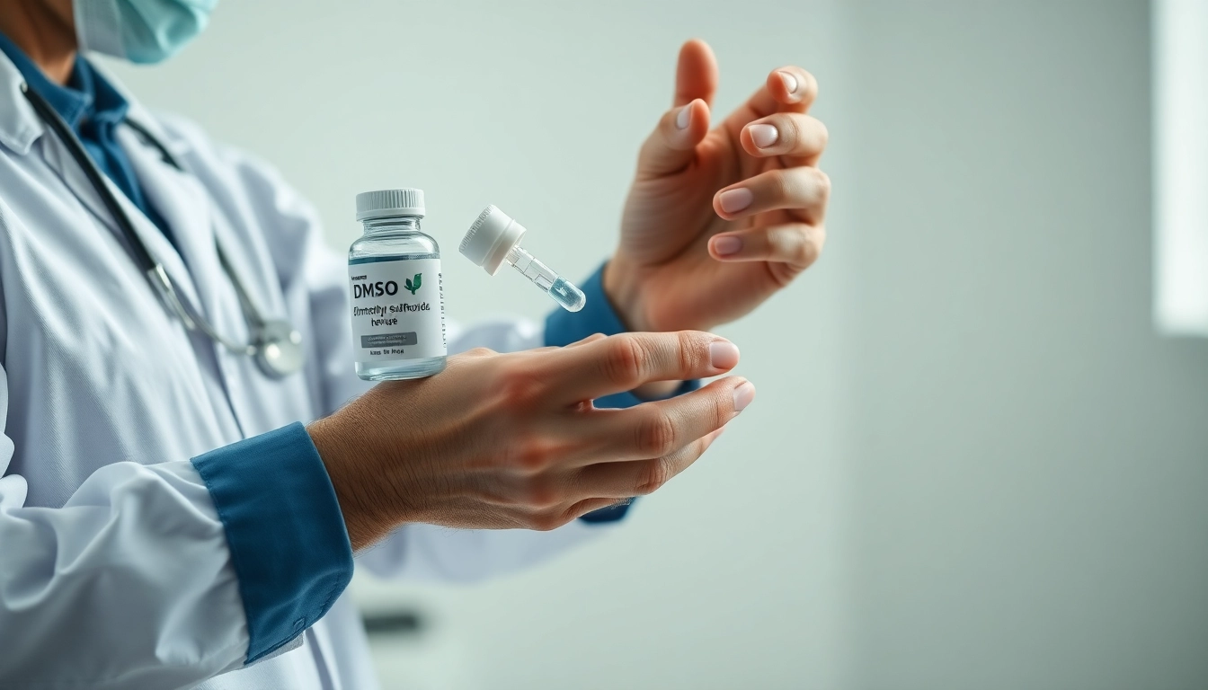 Applying dmso for pain on a patient's arm in a clinical setting.