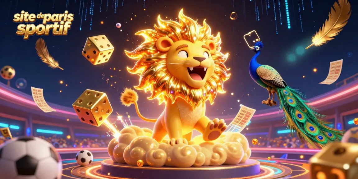 Illustration dynamique mettant en avant le site de paris sportif, avec un lion solaire, des dés dorés et des éléments de paris sportifs.