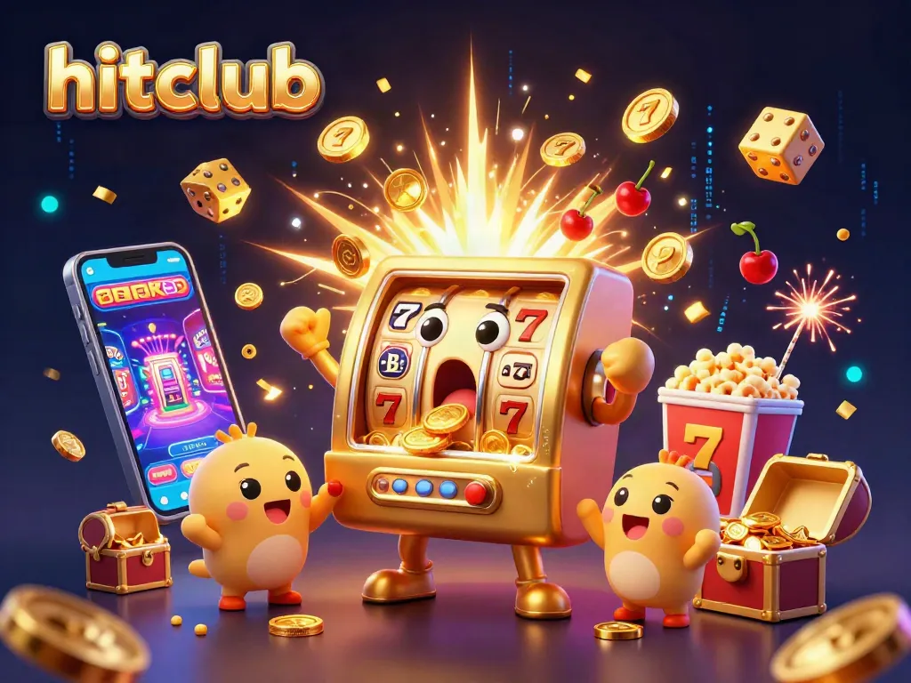 Experience the excitement at hitclub with animated slot machines celebrating jackpots amidst a lively casino scene.
