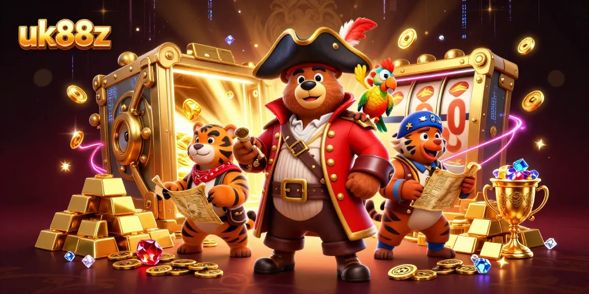 Engage with thrilling wins at uk88z, featuring a vibrant scene of slot games with dynamic pirate characters.