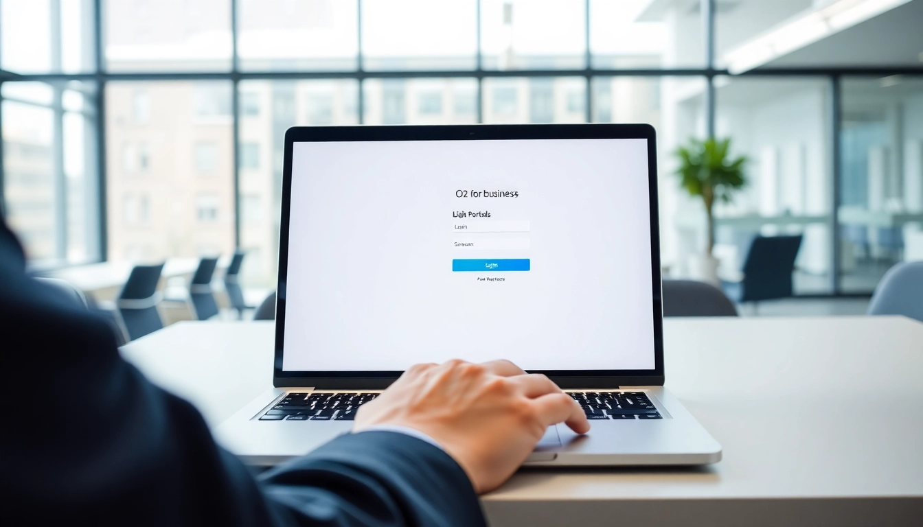 Access the o2 for business login page on a professional laptop in a modern office setting.