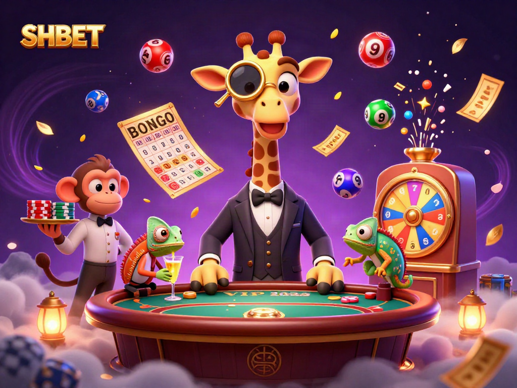 Join the excitement of SHBET with high-roller giraffes and animated casino action in this vibrant illustration.