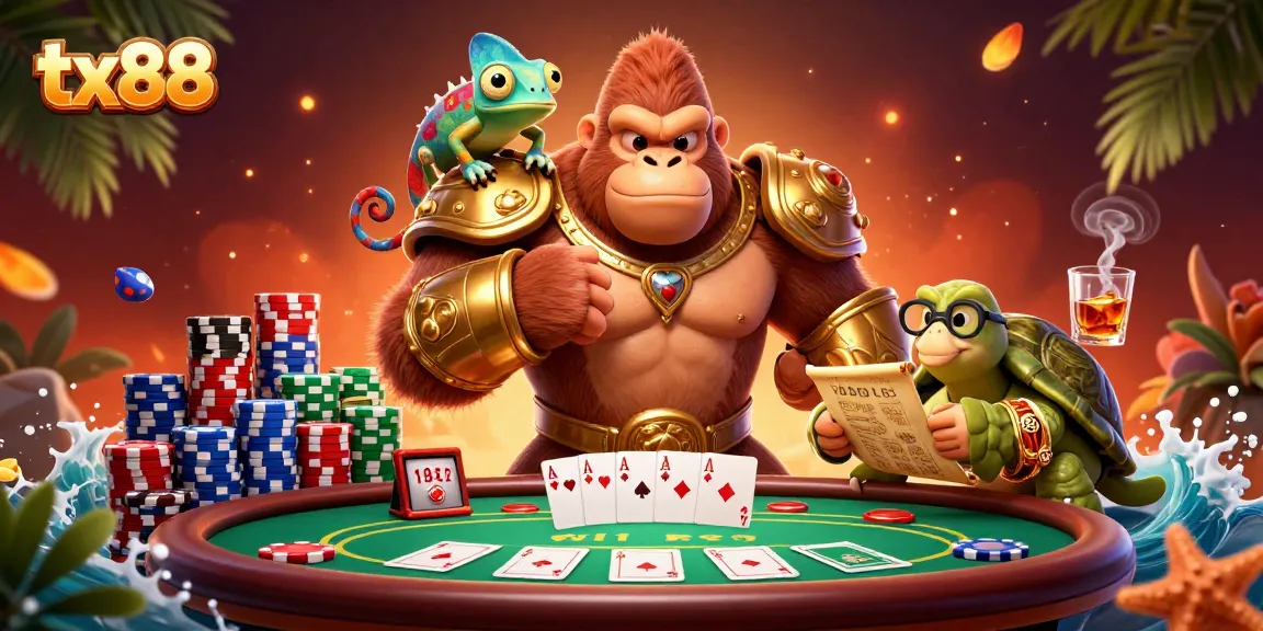 Engage with tx88's vibrant poker scene featuring colorful chips and characters.