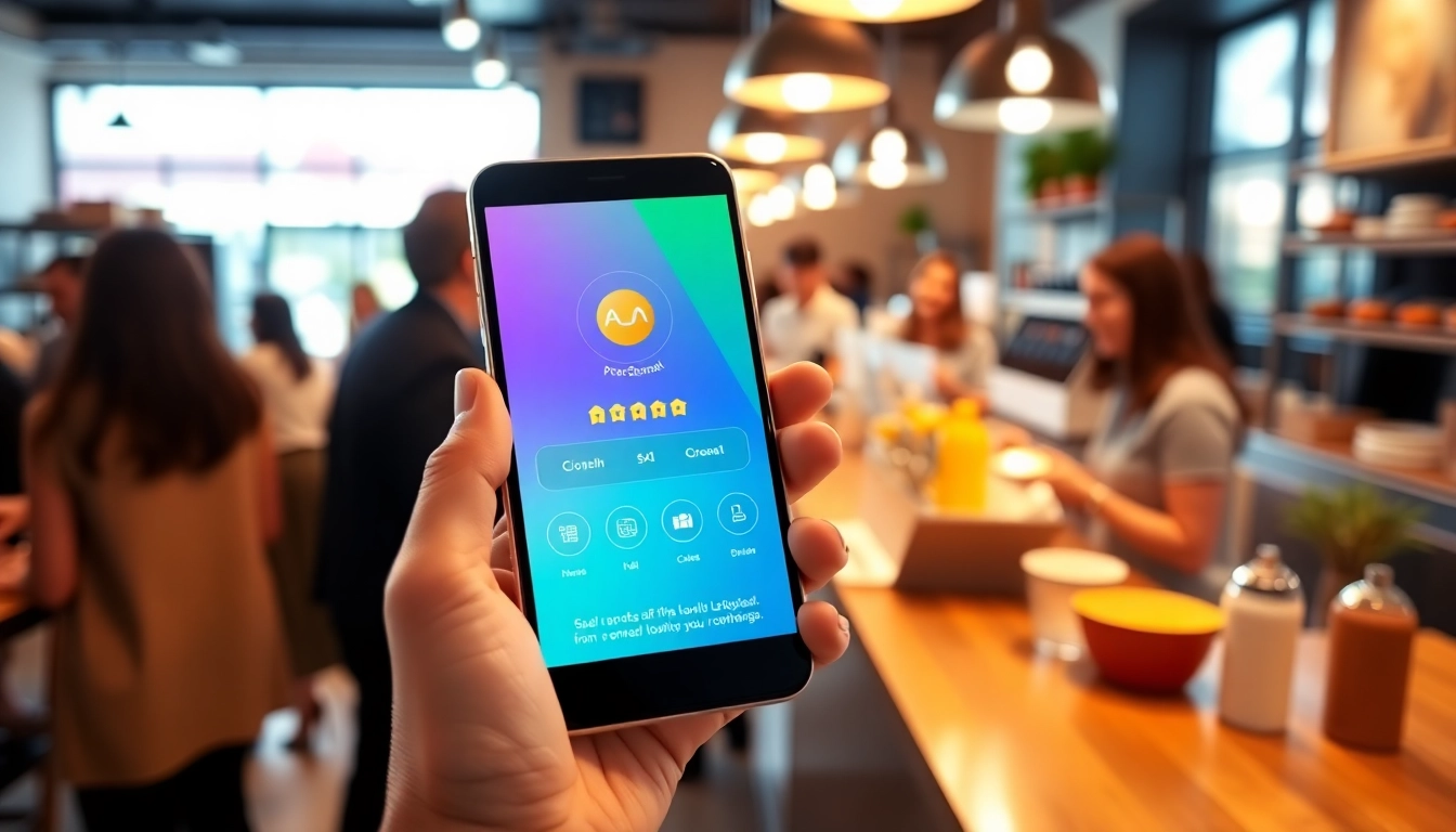 Engaging visual of stampezee digital loyalty card on a smartphone in a vibrant café.