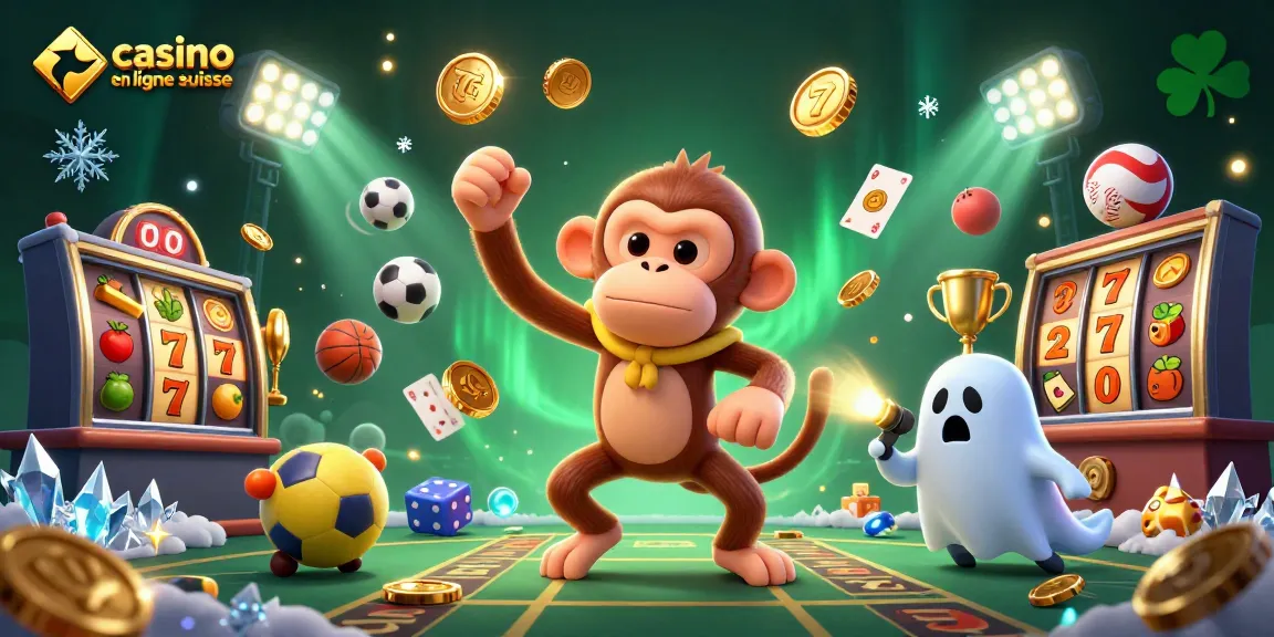 Une scène dynamique de casino en ligne suisse où un singe poltergeist malicieux jongle avec des objets dorés dans un environnement inquiétant.