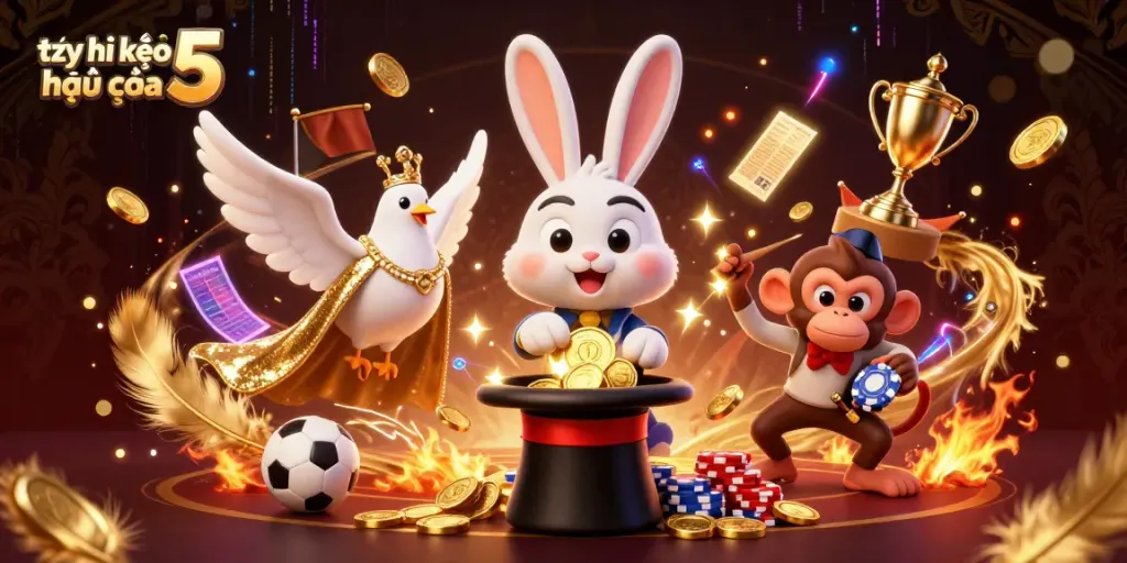 Experience the excitement of tỷ lệ kèo nhà cái 5 with a lively scene featuring a magician rabbit and poker chips.