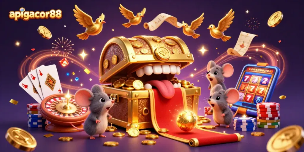 Experience the thrilling winnings of apigacor88 with the vivid treasure chest illustration.