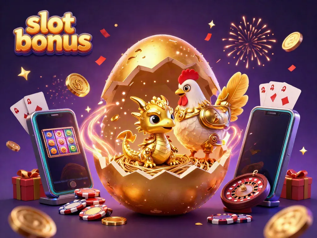 Engage in thrilling slot bonus gameplay with vibrant visuals of a golden dragon, poker chips, and slot games.
