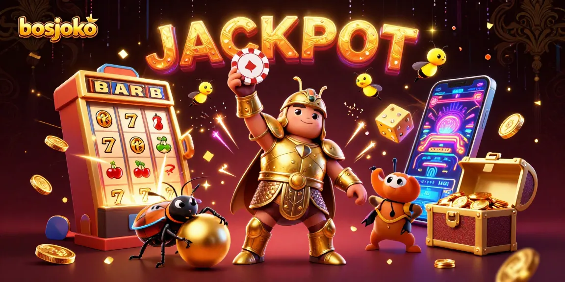 bosjoko meluncurkan jackpot dengan simbol slot yang berkilauan dan karakter lucu dalam suasana kasino yang meriah