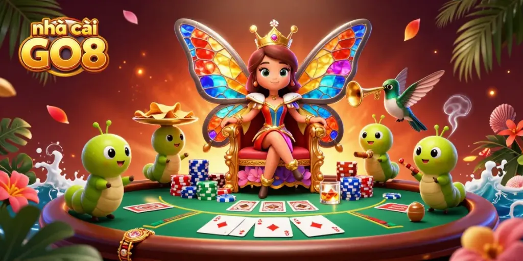 The illustration showcases nhà cái GO8, a fantasy casino world featuring a butterfly queen, poker elements, and colorful chips.