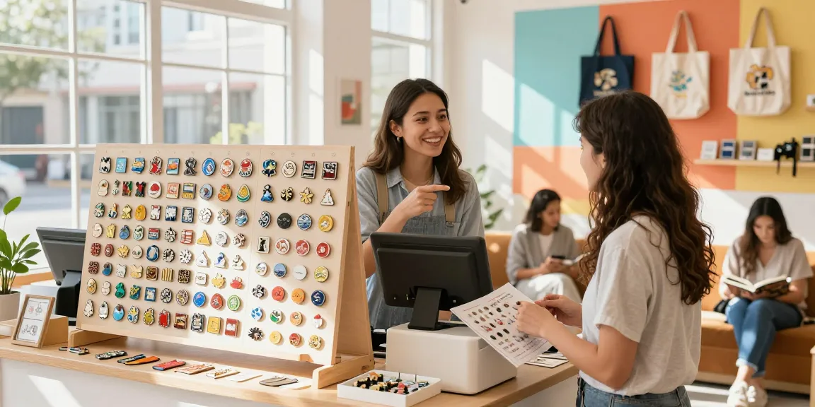 Vibrant display of custom pins in a retail space with engaging staff and customers.