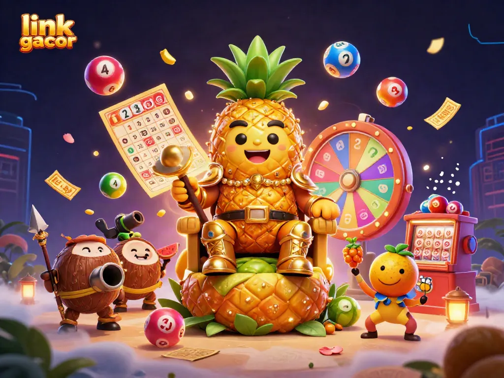 Engage in exhilarating gameplay with link gacor, featuring a golden pineapple king and vibrant casino elements.