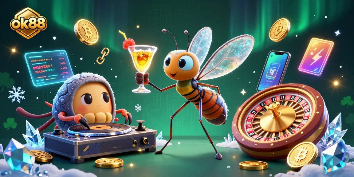 Engage with ok88 in a vibrant 3D casino scene featuring crypto elements and unique characters.