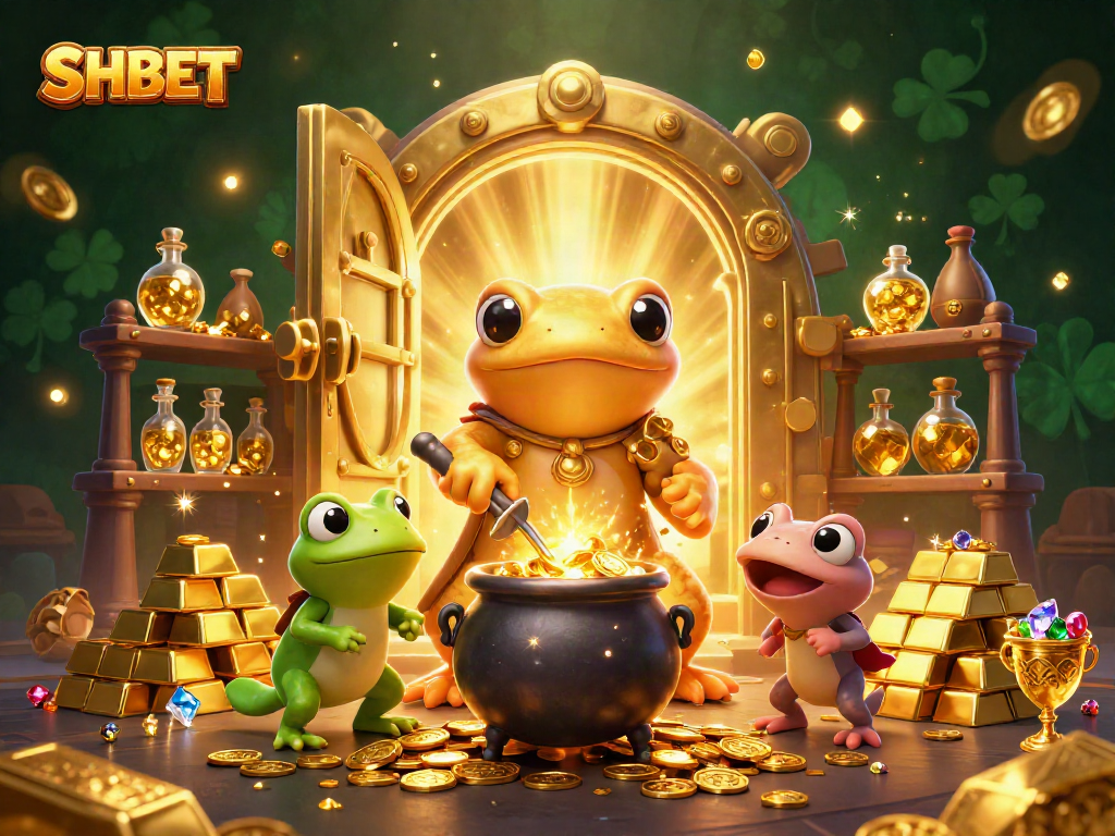 Betting with SHBET: Vibrant 3D scene showing an alchemist and helpers surrounded by gold.