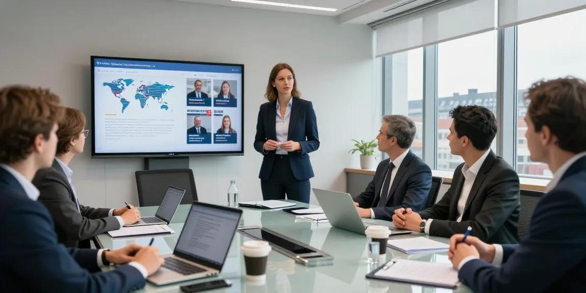 Lead Roedl team collaborating in a modern legal office, discussing strategic solutions for international clients.