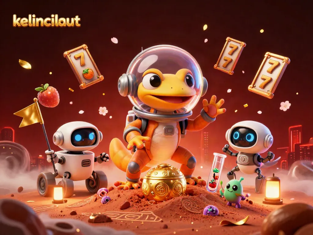 Spin to win at kelincilaut with vibrant slot machines, golden elements, and a Martian gecko mascot!
