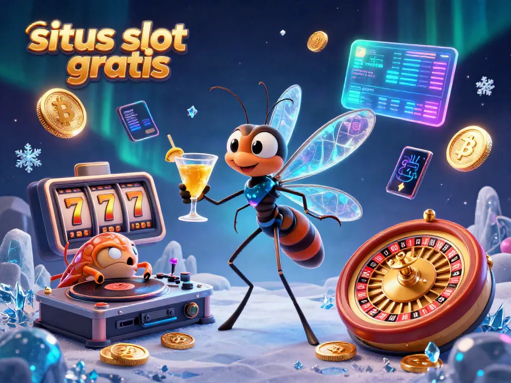 Engage with situs slot gratis featuring a vibrant casino scene with a unique frozen-in-amber mosquito mascot.