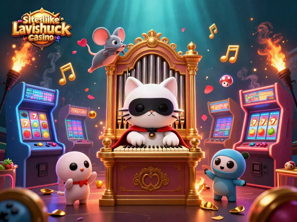 Engage with siteslikelavishluckcasino through a vibrant illustration of a whimsical casino scene featuring game machines and characters.