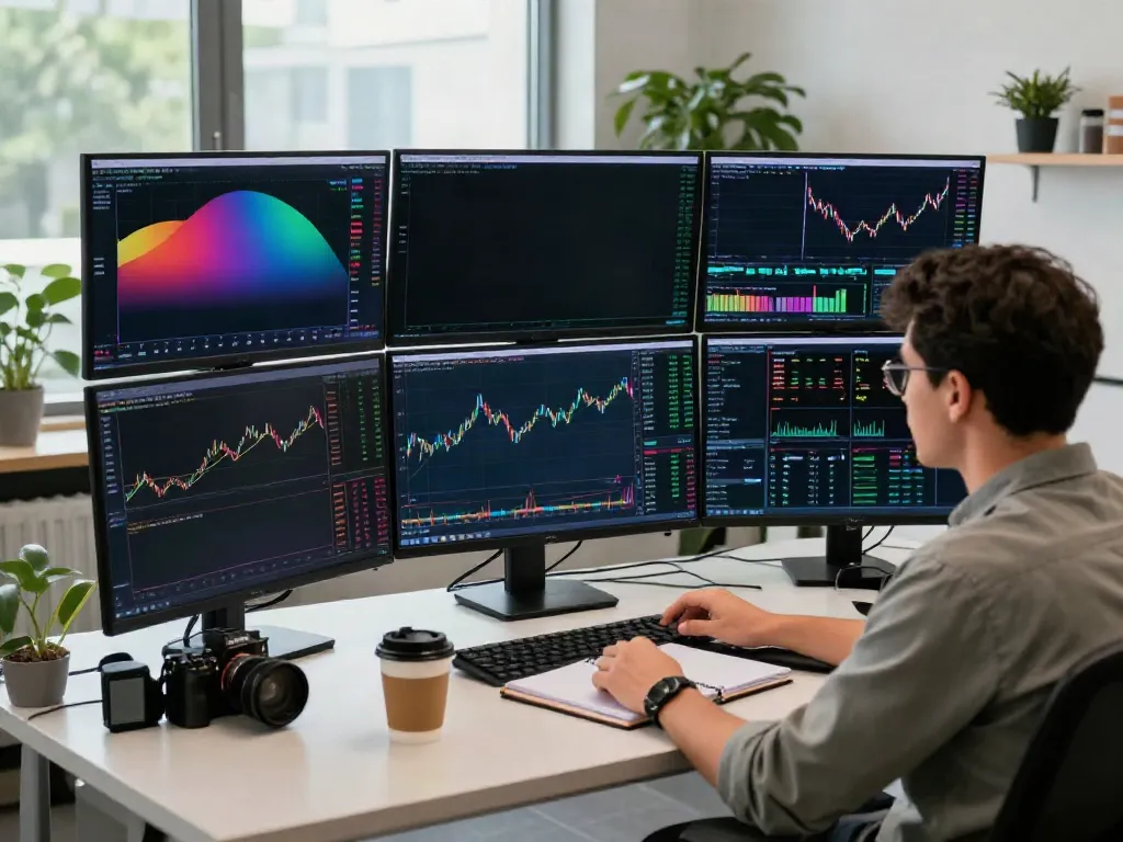 Trader analyzing market trends using MetaTrader 5 with multiple screens in a bright workspace.
