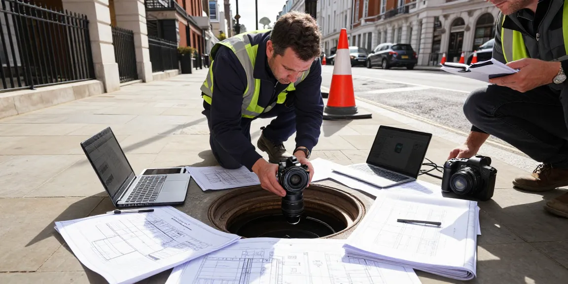 CCTV Drainage Surveys london Surrey in action, technician inspecting drainage systems with modern equipment and urban backdrop.