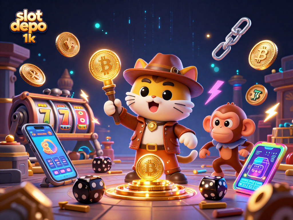 Engage in thrilling action with slot depo 1k as the explorer cat discovers golden casino artifacts amidst dynamic gambling elements.