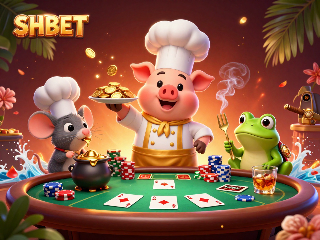 SHBET features a lively 3D casino scene with a chef pig serving gold coins, showcasing excitement in gaming.