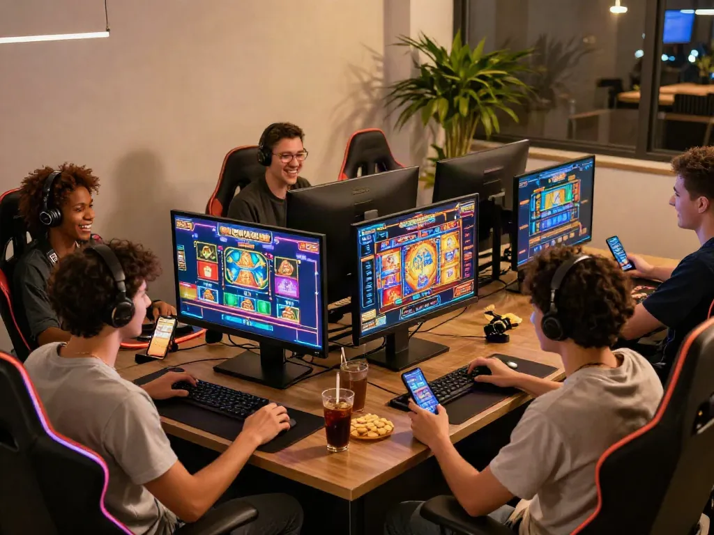 Friends enjoying slot gacor games on colorful screens in a lively gaming setup.