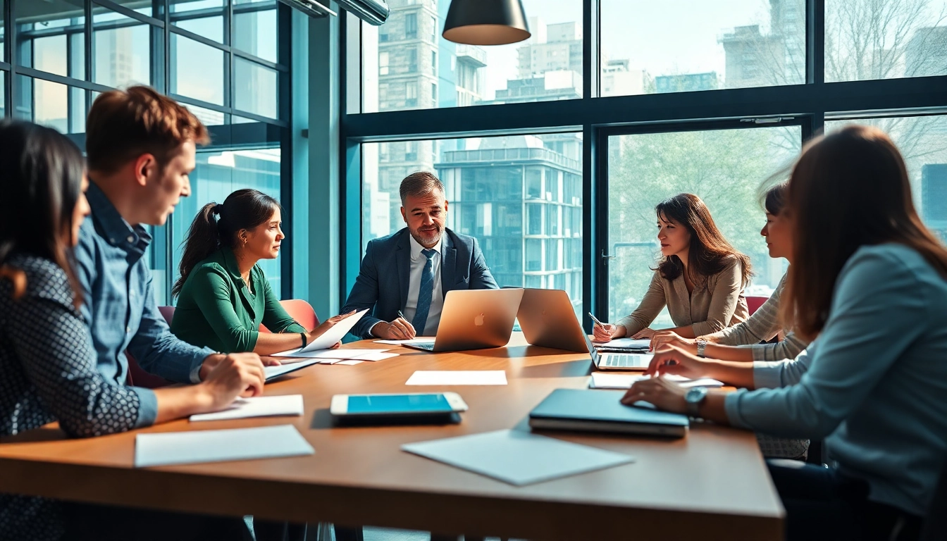 Marketing director collaborating with a team in a bright office setting.