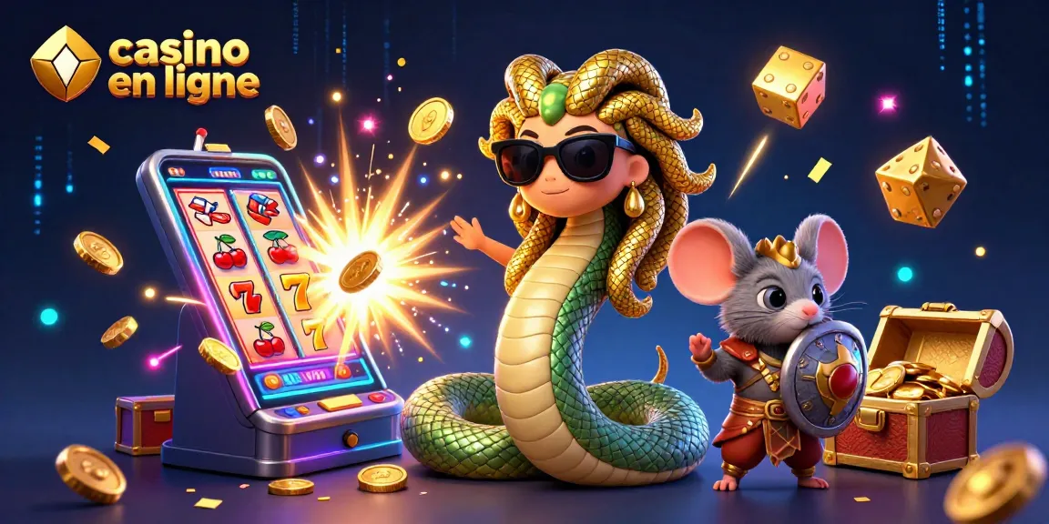 Visualisez une scène dynamique de casino en ligne avec Médusa et un guerrier souris dans un décor vibrant.