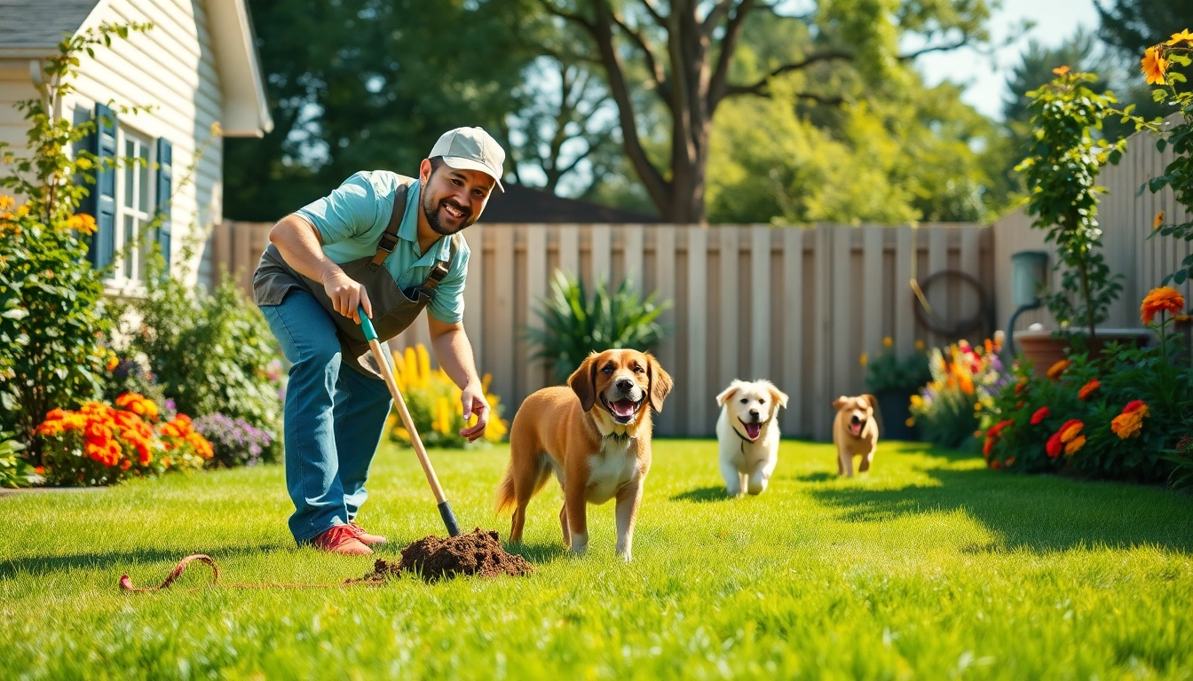 Dog poop removal near me service cleaning a backyard with a happy dog playing.