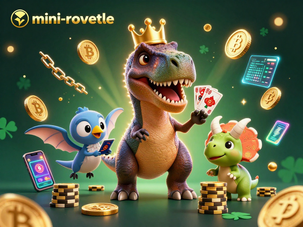Experience mini-roulette fun with cheerful dinosaurs stacking chips and shuffling cards in a vibrant casino setting.