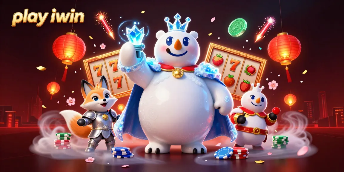 Play iwin in a vibrant casino scene with ice king polar bear and snow fox surrounded by slot game elements.