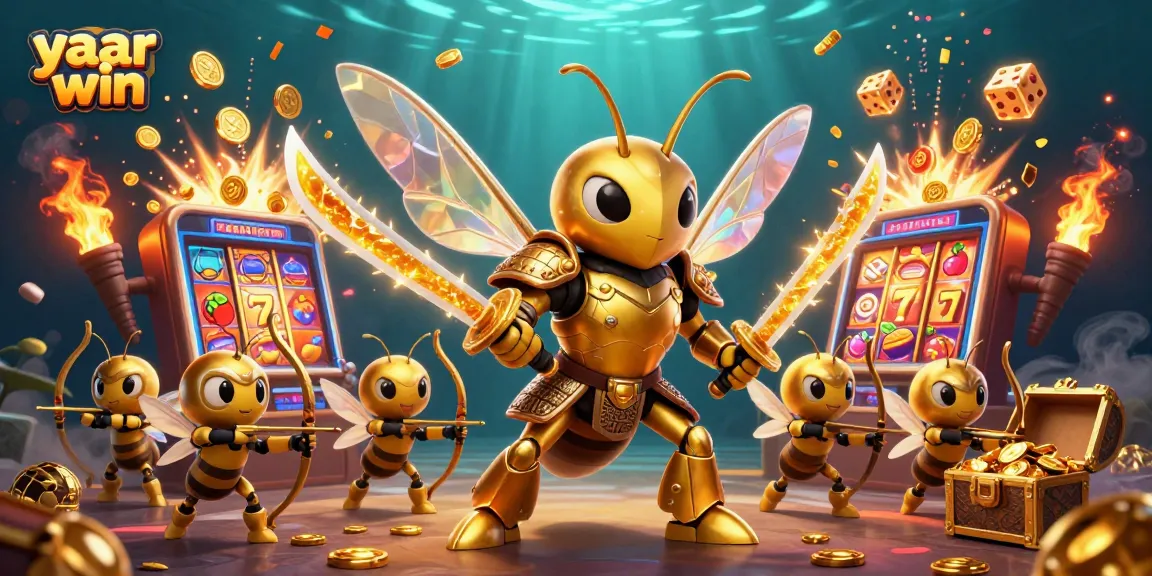 Experience the thrill of yaar win with this vibrant casino illustration, featuring a gold hornet and attendees celebrating a jackpot.