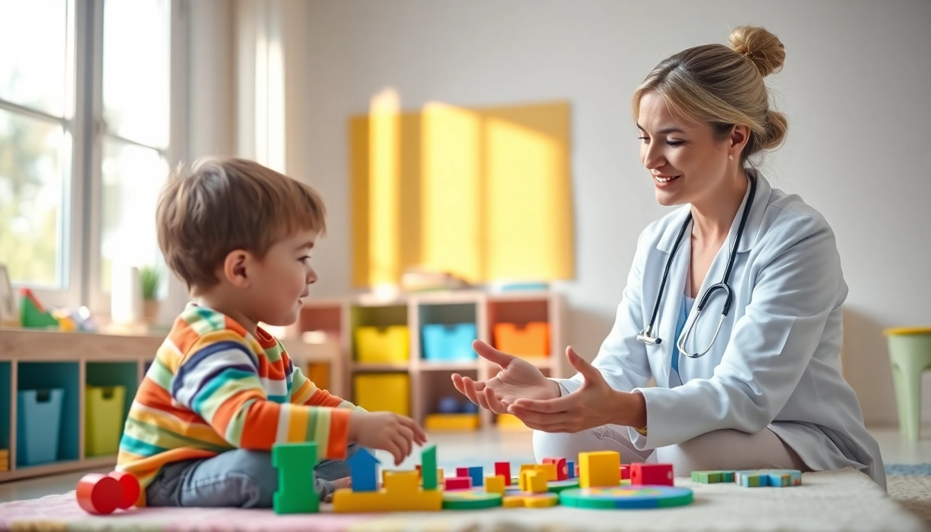 Therapist provides Autism help to a child in a supportive therapy room with engaging materials.
