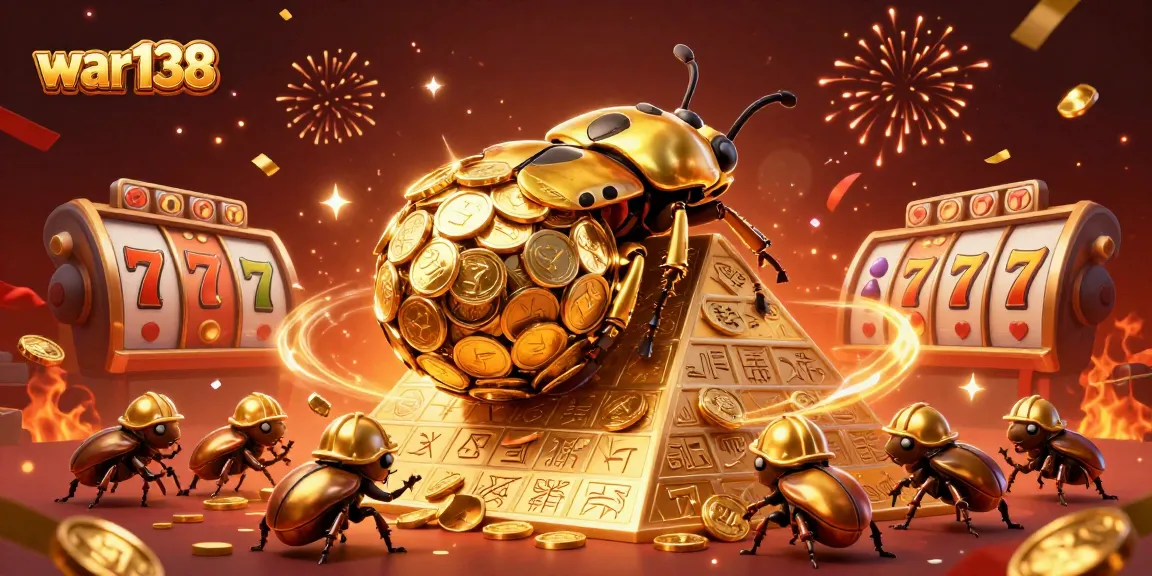 Experience the excitement of war138 with a golden beetle rolling coins and vibrant slot game elements.