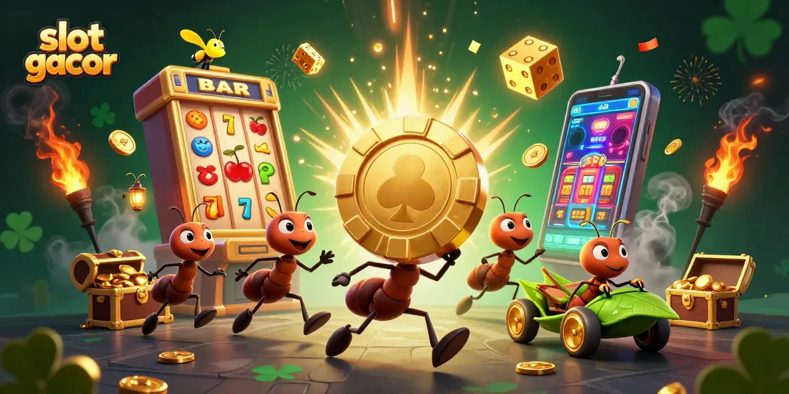 Experience slot gacor action with cartoon ants heisting a giant poker chip amid a vibrant casino scene.
