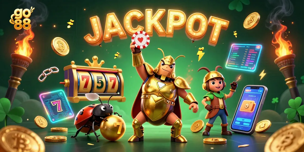 Spin and win at go 88 with a victorious beetle champion celebrating jackpot riches!