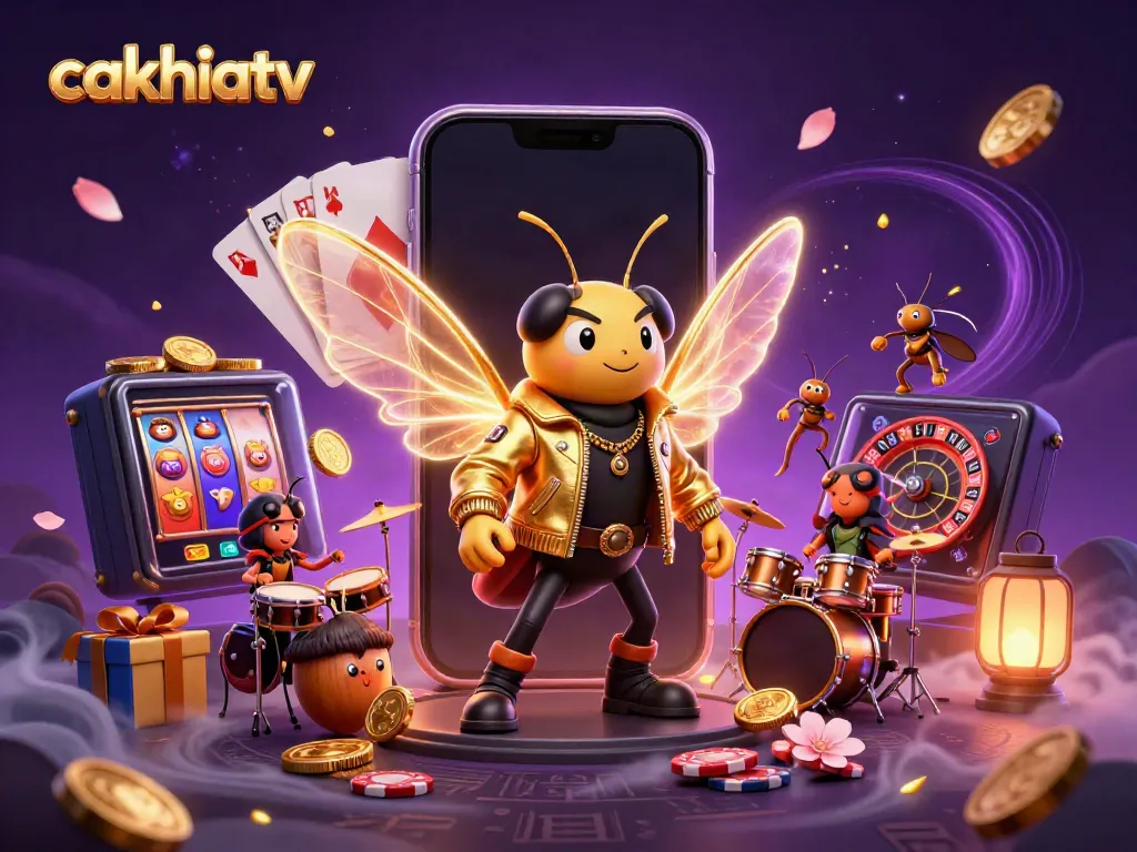 Experience the dynamic atmosphere of cakhiatv with a vibrant 3D rock star scene filled with casino gaming elements.