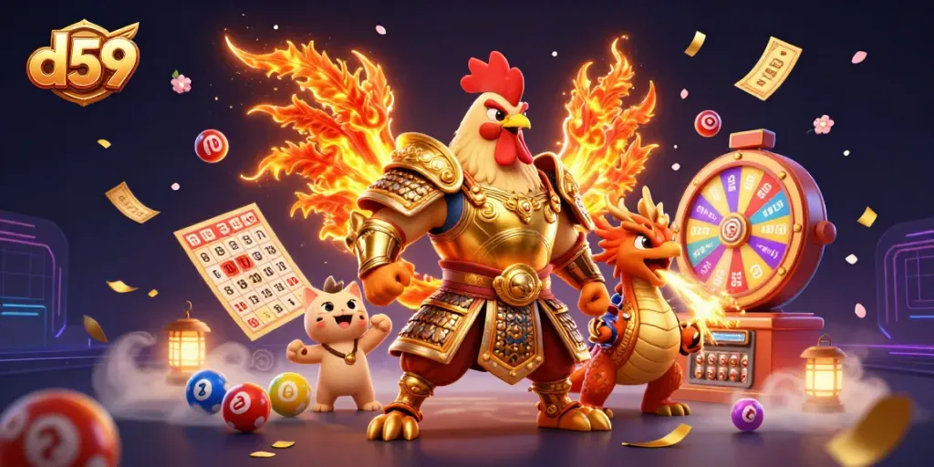 Permainan d59 terlihat di ilustrasi 3D memukau dengan karakter kuat dan elemen perjudian menarik.
