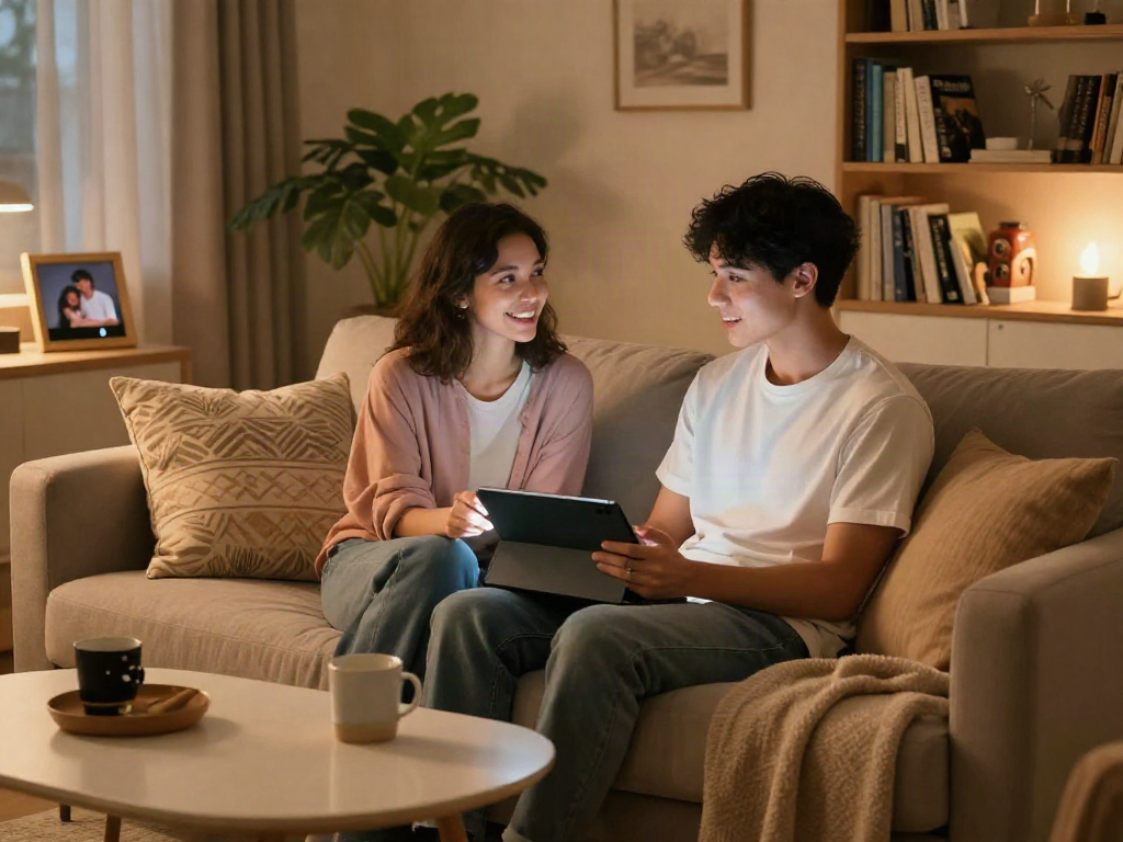 Engaging with girlfriend AI during a cozy living room evening, showcasing technology and intimacy.