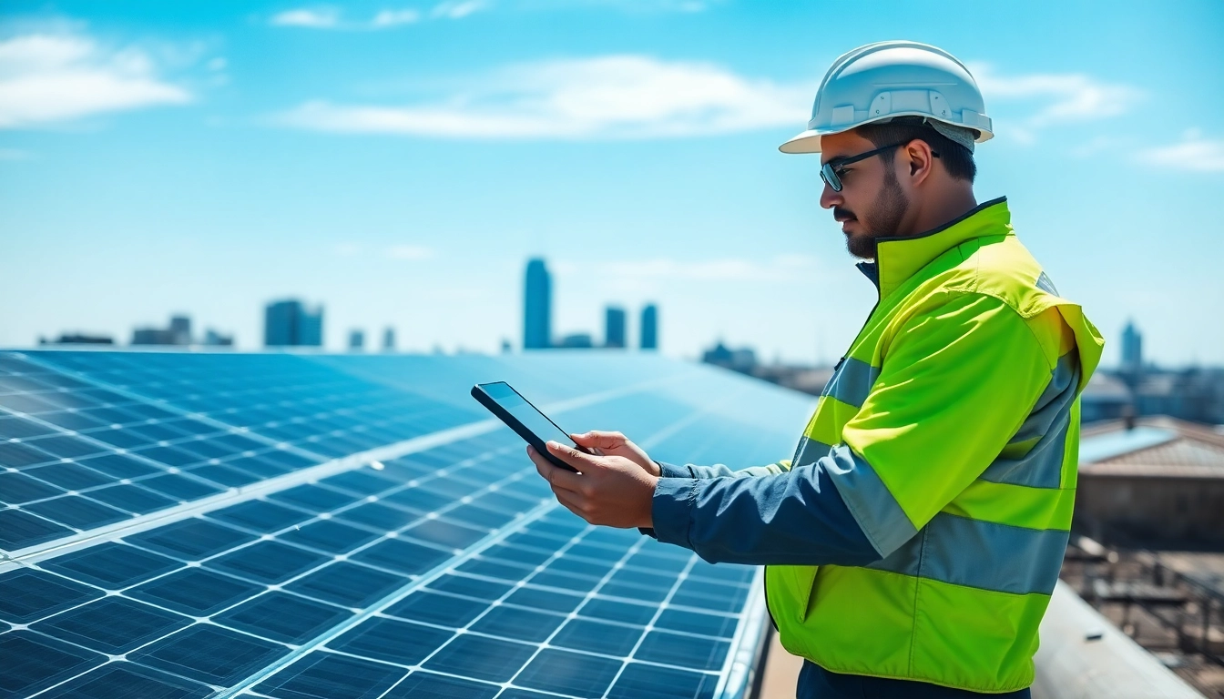 Technician performing commercial solar maintenance New Jersey on solar panels atop a building.