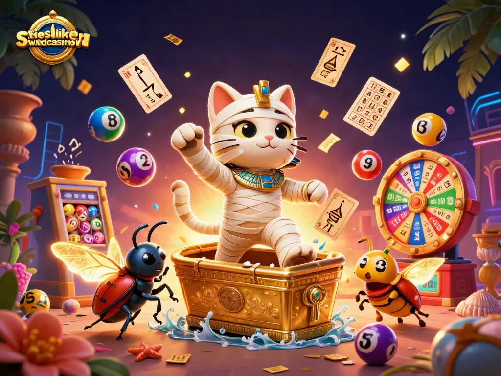 Play games at exciting sites like Wild Casino filled with colorful lottery elements and vibrant illustrations.