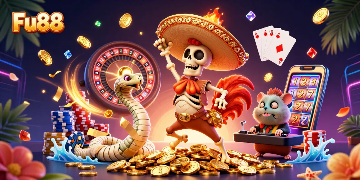 Fu88 showcases a lively online casino scene with dancing characters and dynamic game elements.