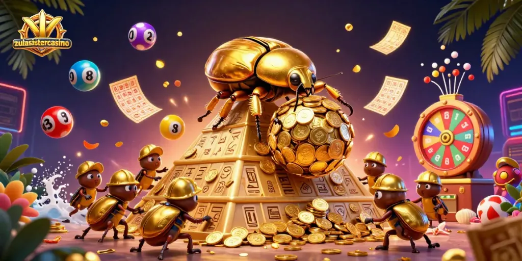 Experience fun gameplay at zulasistercasino with vibrant symbols and exciting prizes in this energetic casino scene.