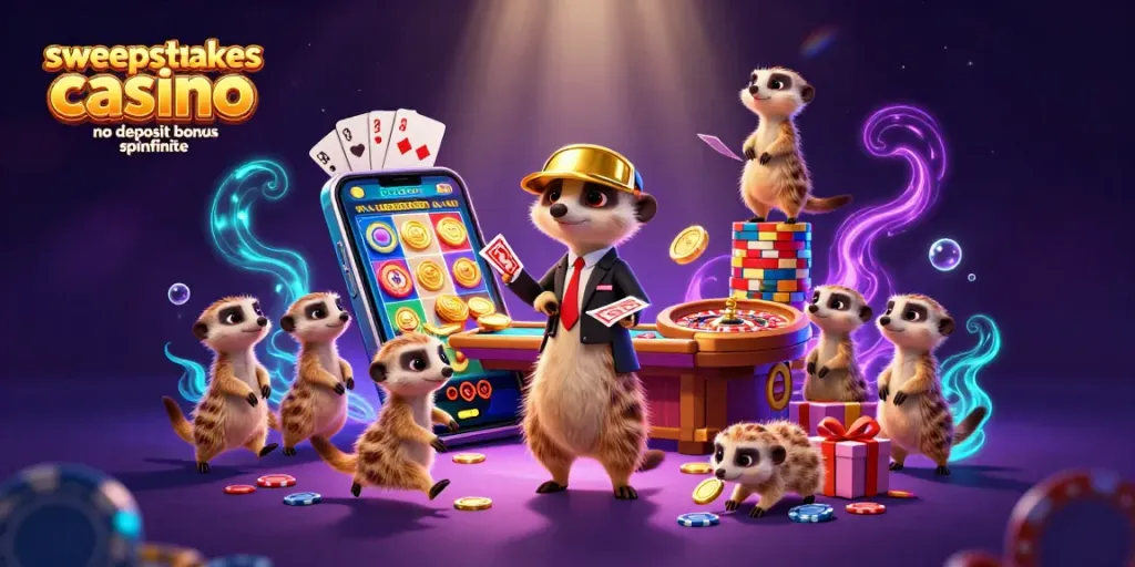 Spinfinite no deposit bonus in a vibrant meerkat casino scene illustrates fun gameplay.